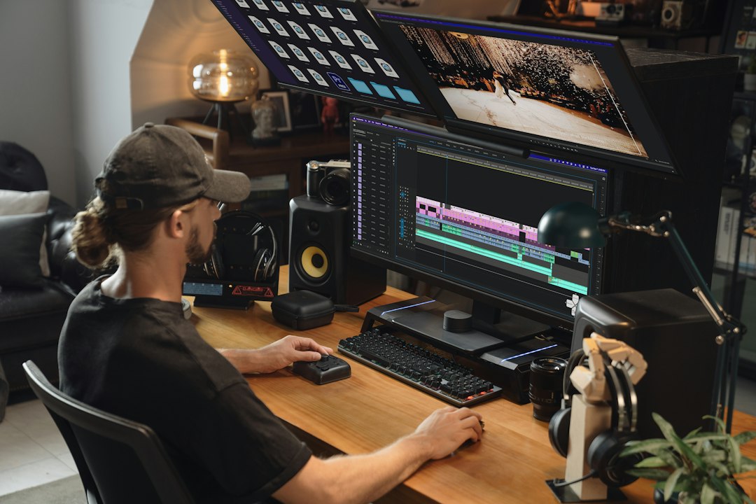 A man edits video on a computer. A man edits video on a computer.